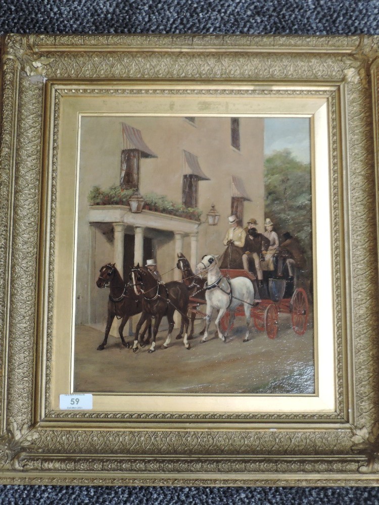 An oil painting on board, attributed to S H Wheelwright, coach and horses, C19th, 36 x 26cm, plus
