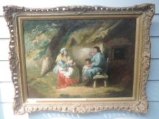 An oil painting on board, in the style of George Morland, rustic cottage family, 35 x 47cm, plus