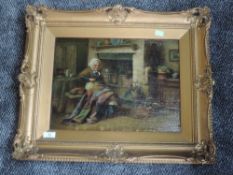 An oil painting, S Jowett, cottage interior with sewing lady, signed, 30 x 40cm, plus frame