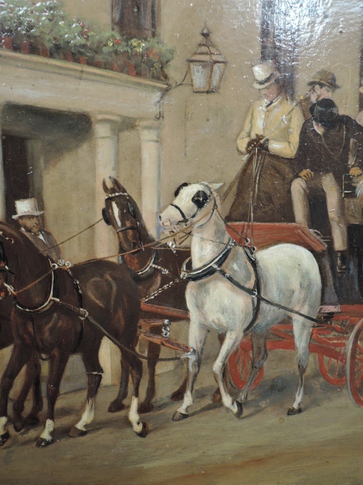 An oil painting on board, attributed to S H Wheelwright, coach and horses, C19th, 36 x 26cm, plus - Image 2 of 3