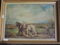 An oil painting on board, J W Taylor, ploughing field, signed, 30 x 43cm, plus frame and glazed