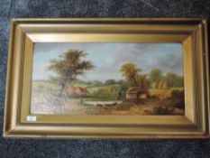 A pair of oil paintings, rural landscapes, 28 x 59cm, plus frame