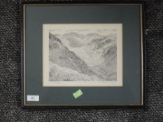 A print, after Alfred Wainwright, Langstrath, signed 18 x 23cm, plus frame and glazed