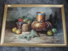 An oil painting, Jean Farnby, still life, indistinctly signed, 51 x 77cm, plus frame