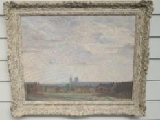 An oil painting on board, attributed to Brent Shienovitch, townscape, possibly Leeds, indistinctly