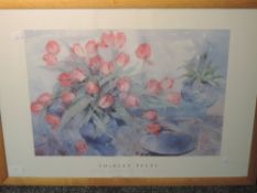A print, after Shirley Fell, Blue Vase with Tulips, dated 1996, 45 x 60cm, plus frame and glazed