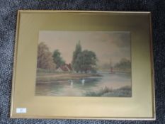 A watercolour, W K Franklyn, cottage and pond, 25 x 35cm, plus frame and glazed