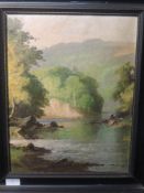 An oil painting, rural river landscape, 40 x 31cm, plus frame