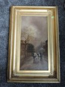 An oil painting, L A Tollady, village street scene, 49 x 24cm, plus frame