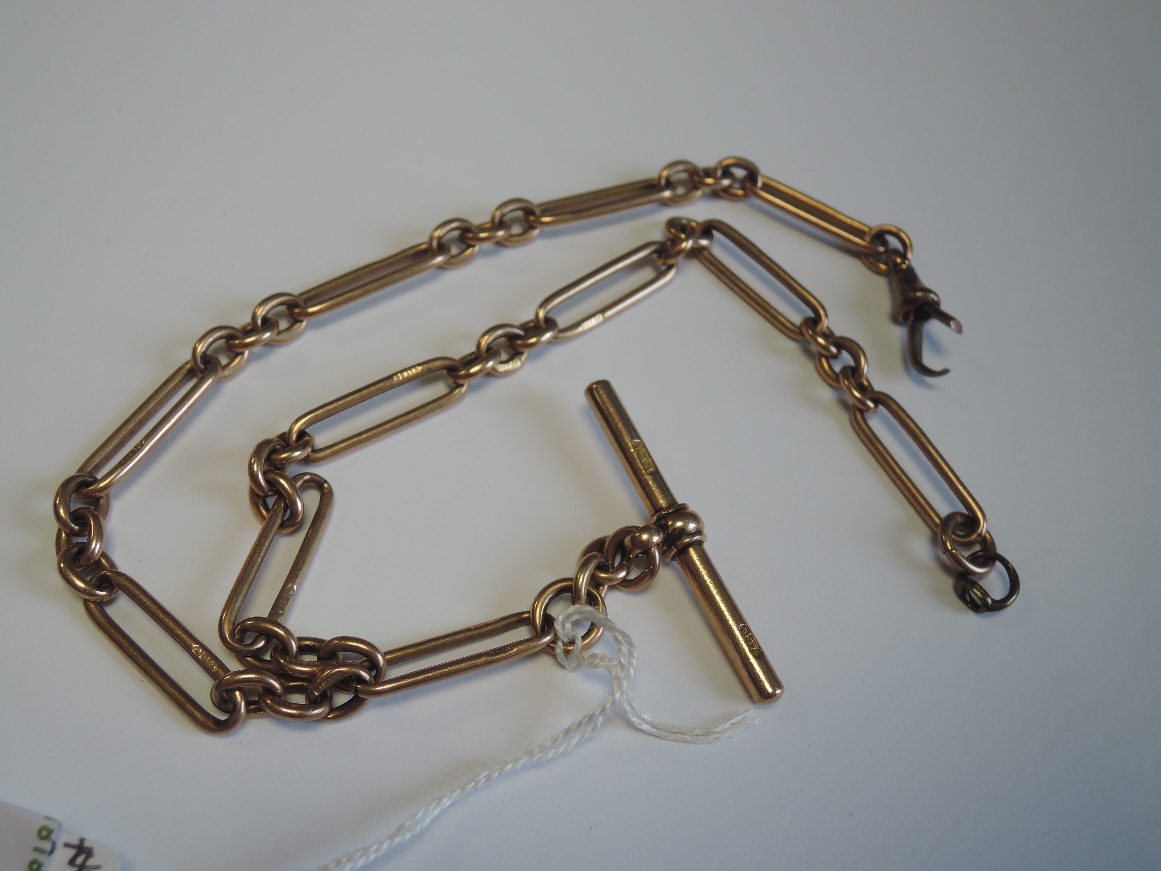 A 9ct rose gold fancy link watch chain with T bar, clasp broken, approx 28.5g - Image 4 of 5