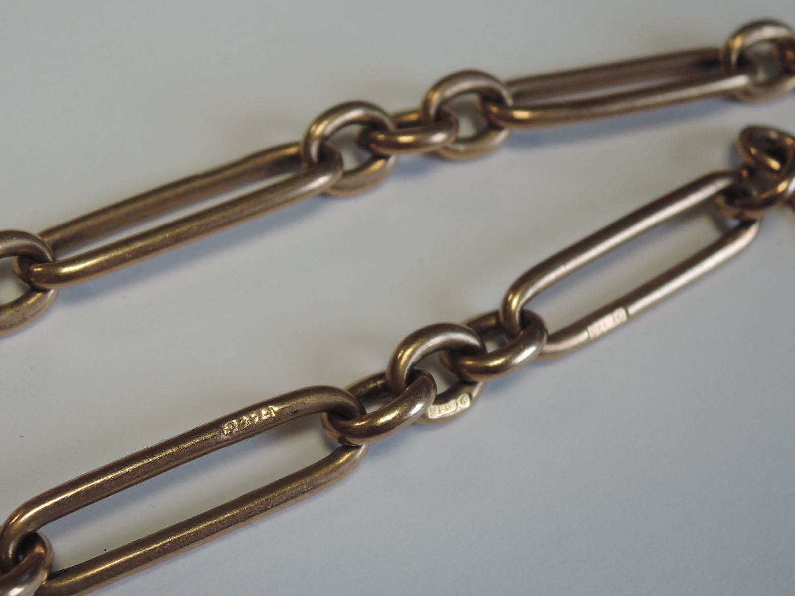 A 9ct rose gold fancy link watch chain with T bar, clasp broken, approx 28.5g - Image 5 of 5