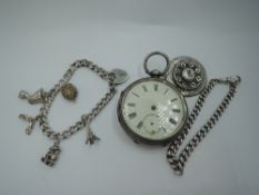A silver charm bracelet having five silver & white metal charms an HM silver watch chain bracelet,