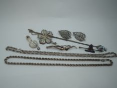 A selection of silver and white metal jewellery including two HM silver rope chains, an enamelled