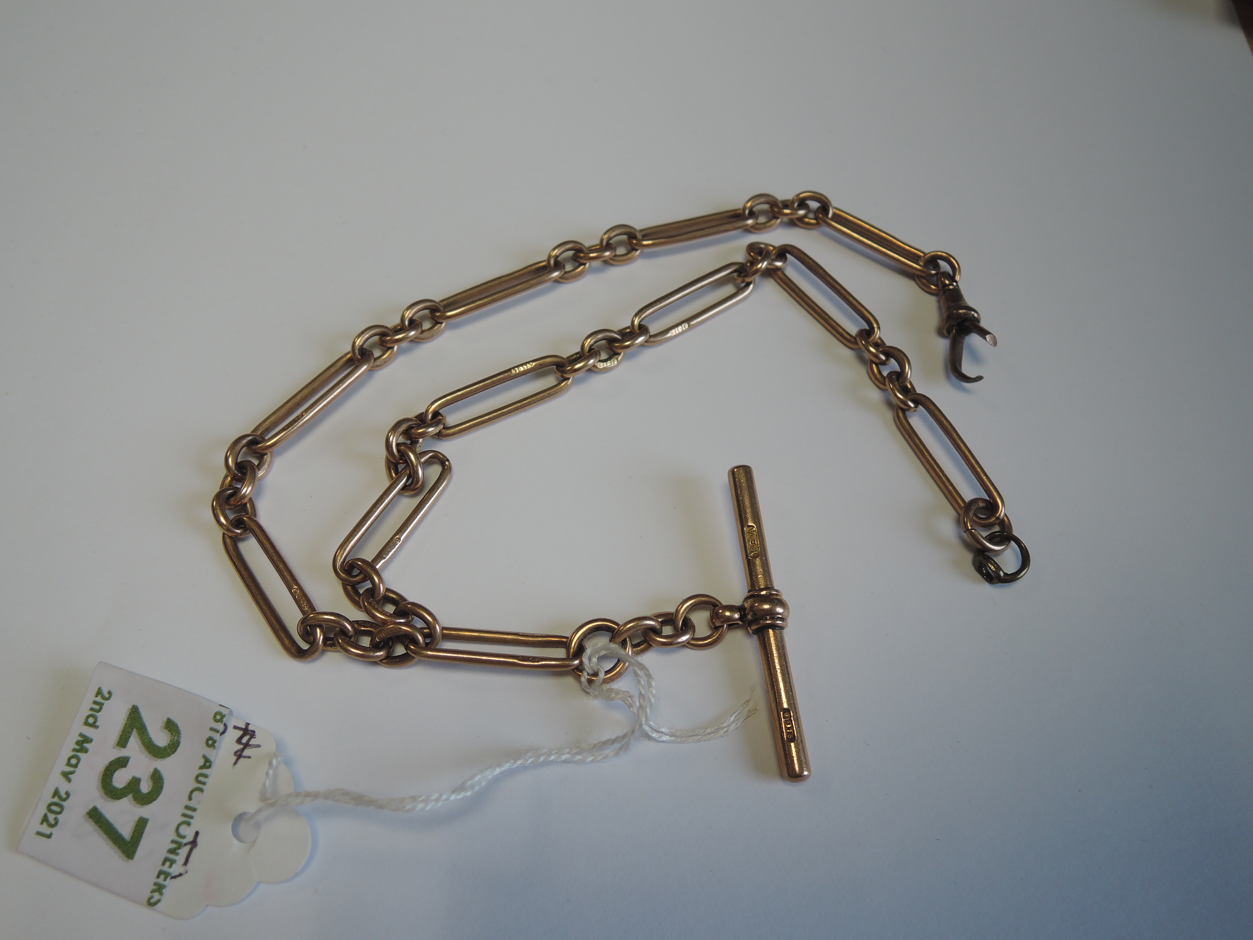 A 9ct rose gold fancy link watch chain with T bar, clasp broken, approx 28.5g - Image 2 of 5