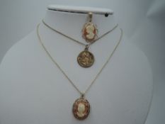 A 9ct gold St Christopher pendant on a 9ct gold chain, (AF), a cameo pendant on a 9ct gold chain and