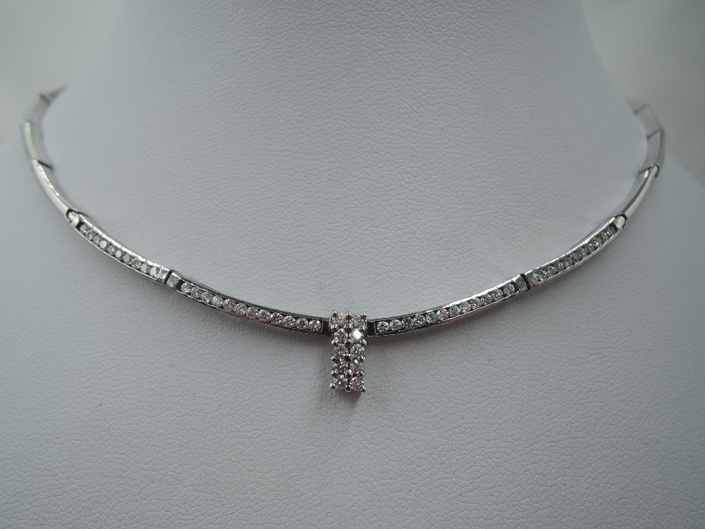 A white metal articulated bar link necklace having four channel set diamond bars with a central - Image 2 of 3