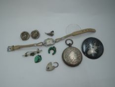 A small selection of white metal jewellery including Siam silver brooch/pendant, pocket watch case