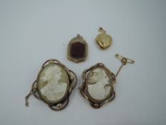 Two vintage conche shell cameo brooches depicting maidens in profile, both in pinchbeck mounts, a