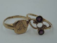 A 9ct rose gold signet ring monogrammed A, and a 9ct gold dress ring having two pink paste gems, (