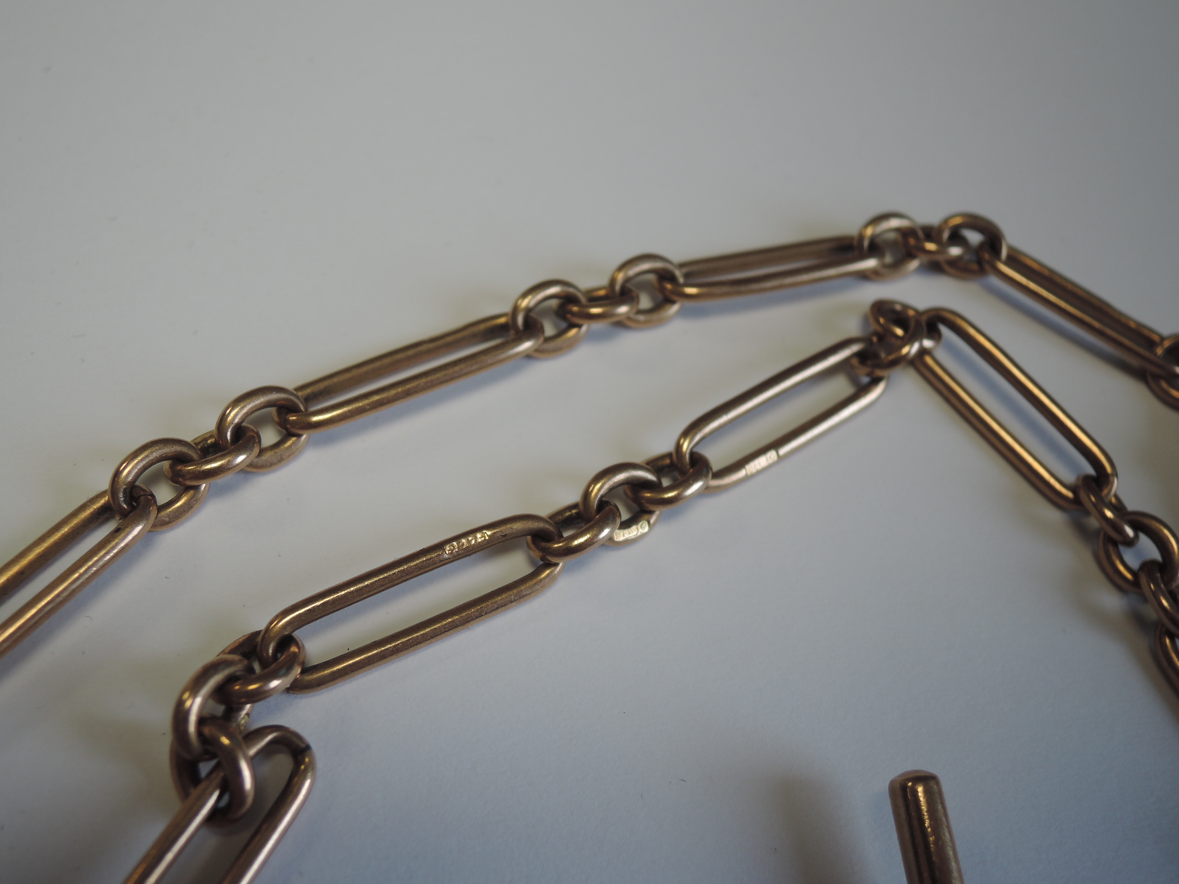 A 9ct rose gold fancy link watch chain with T bar, clasp broken, approx 28.5g - Image 3 of 5