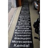 A bus train or tram style destination blind for the local Kendal Blackpool Morecambe and surrounding