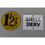 Two small petrol forecourt motor badges including Shell DERV enamel and printed tin disc for Shell