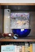 A selection of colour art glass including large blue fruit bowl and Parlane mottled vase