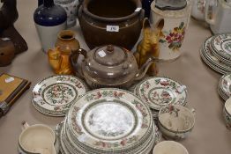 An assortment of ceramics including Johnson Bros Indian tree, planter, tea pot and more.