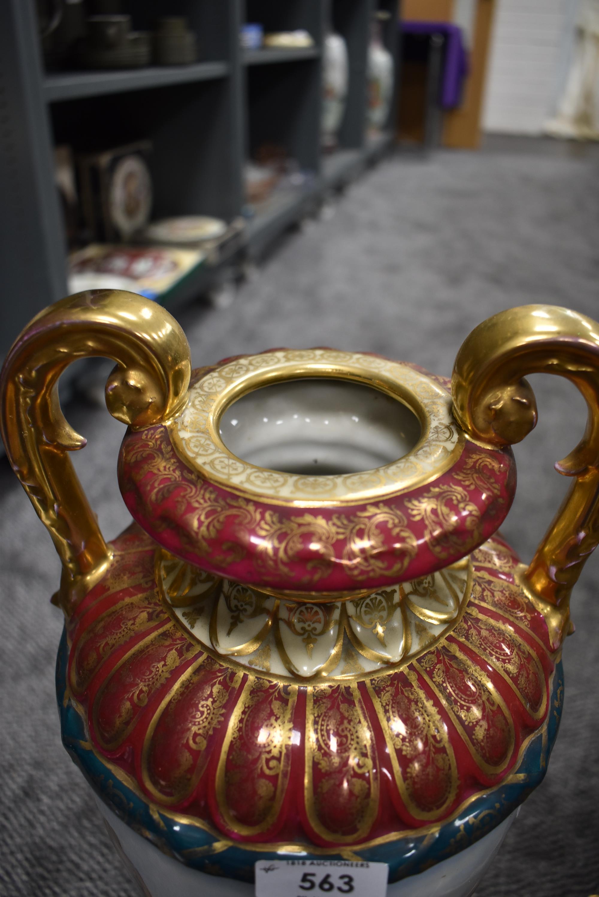 A large pair of impressive urns, thought to be Royal Vienna having heavy and ornate gilt detailing - Image 6 of 7