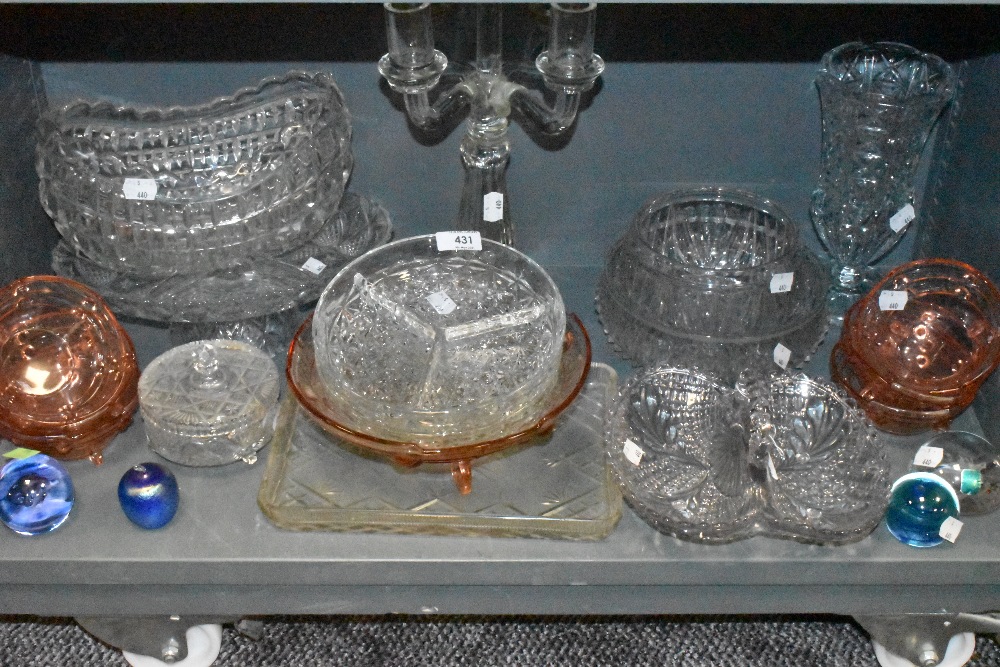 A selection of clear cut and pressed glass including colour examples