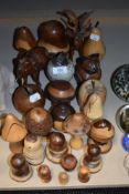 A good quantity of turned wooden mushrooms/toadstools, apples and more.