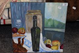 An acrylic still life on canvas, signed BA Moorby to rear.