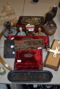 A mixed selection of vintage items including velvet clad boxes, tie press, spectacles and more.