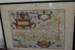 A vintage full colour map in Latin of Saxtons map of Cornwall by the British Museum