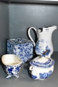 A selection of blue and white wear ceramics including the Cube tea pot by A Wood