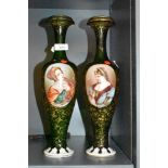 A pair of Victorian Venician style green glass vases having extensively detailed hand painted