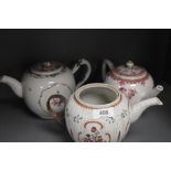 Three antique late 18th porcelain teapots each having hand decorated enamel scenes and historic