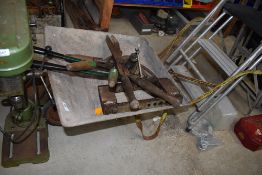 A small size metal framed wheel barrow and shears