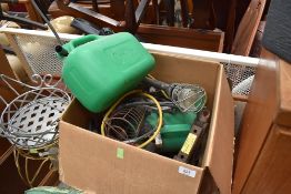 A box of assorted tools etc including inspection lamp and plastic petrol can