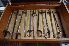 Twelve Miniature Swords all with Scabbards, most different types, in wooden case, blade lengths