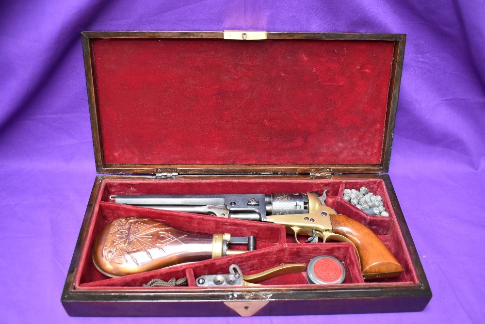 A Blank Firing Replica Colt Navy Revolver (af) in fitted wooden case with decorative copper Powder