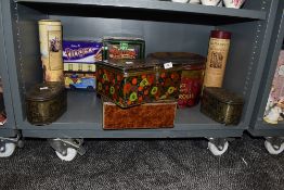 A varied lot of predominantly vintage tins including large Rileys coffee rolls tin and Blue Bird