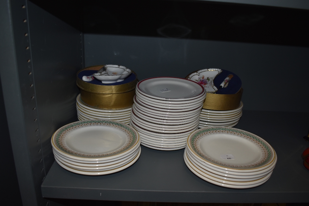 A selection of Hotel or catering standard plates and two Crown Derby boxed condiment sets.
