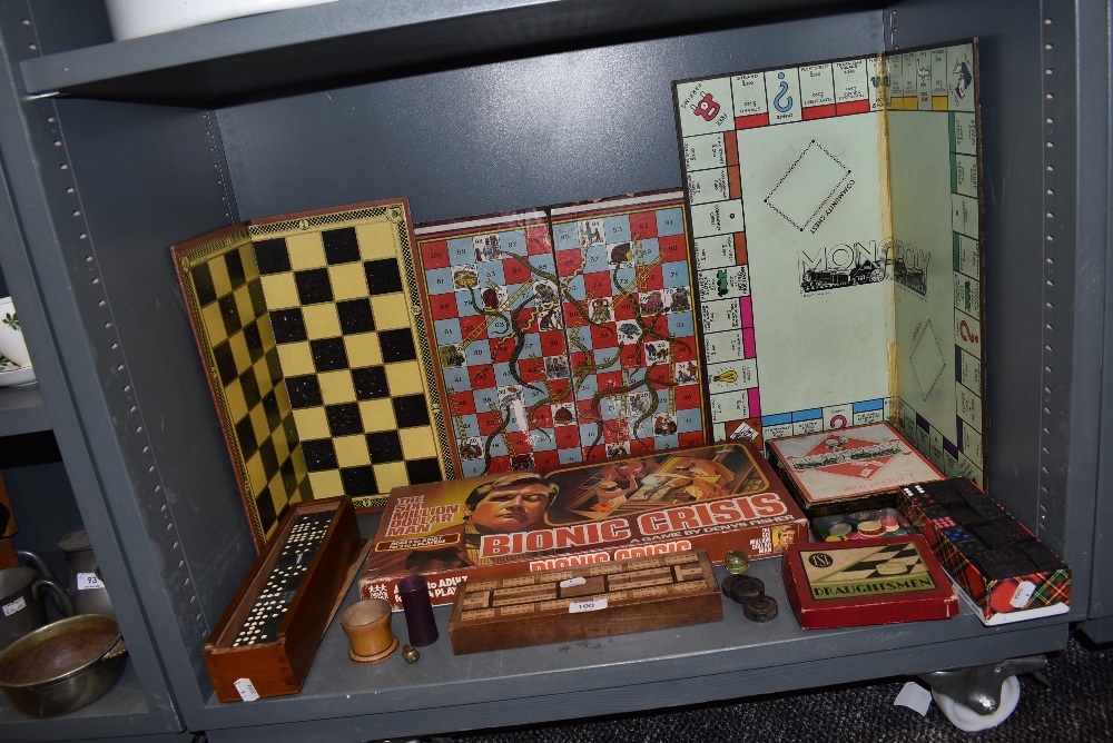 A mixed lot of vintage board games amongst which are Bionic Crisis, dominos, monopoly and more.