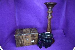 An antique inlayed tea caddy and two similar treen wood items