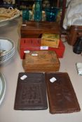 A selection of cases including antique rose wood and brass inlayed box also metal penny saver