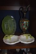 A mixed lot of items including floral serving dish,green glass bowl and wooden ewer/vase.