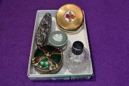 Three dressing table pots, loose beads, vintage compact and dressing table cut glass bottle