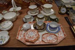 A selection of coffee cups and similar breakfast tray including Beyer and Bock cup and saucer sets