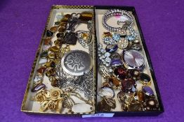 A selection of costume jewellery including polished stone bracelets, clip earrings, Joyas watch face